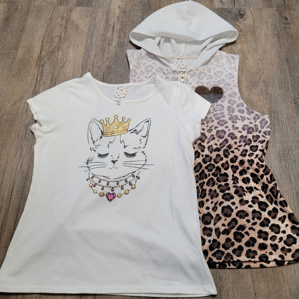 Belle Du Jour Girls XL 2 Pc Set Cat Princess Vest & Tshirt  Leopard Print